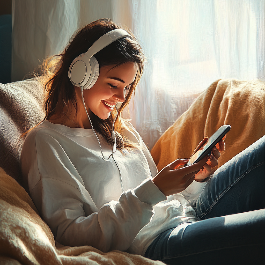 young woman with shoulder length dark hair, wearing a white blouse and black headphones, smiles as she uses a smartphone to do English listening practice while she sits on a sofa.