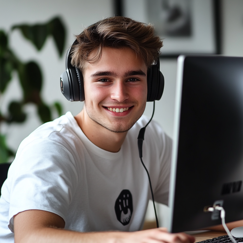 young man with medium short brown hair, wearing white t-shirt and wearing black headphones, smiles at the camera as he uses a computer on the table in front of him to do English listening practice.