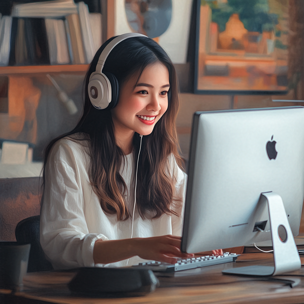 young woman with long dark hair, wearing white blouse and black headphones, smiles as she uses a computer on the table in front of her to do English listening practice.