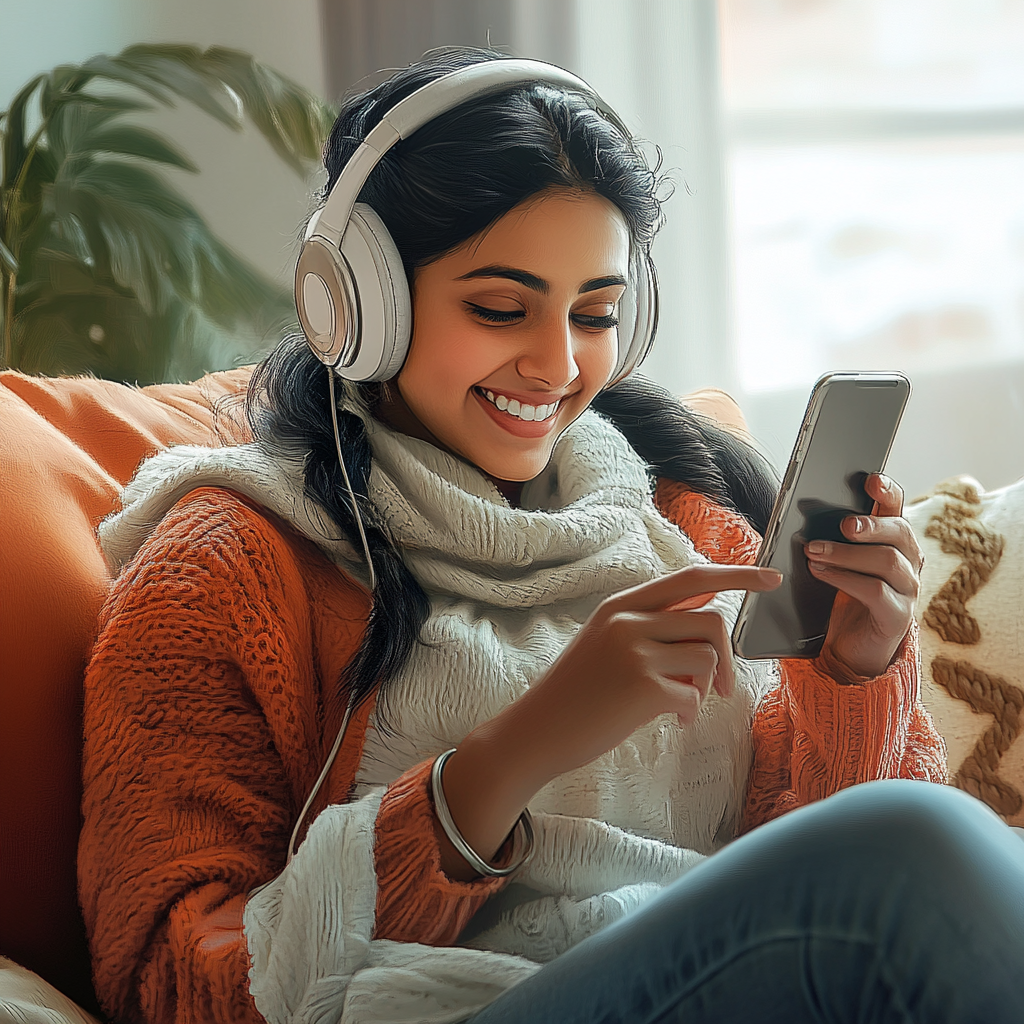 young woman with long dark hair, wearing a white and orange sweater and black headphones, smiles as she uses a smartphone to do English listening practice while she sits on a sofa.