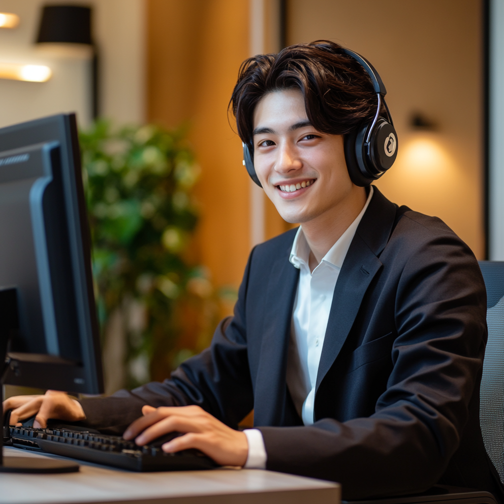 young man with medium short dark hair, wearing white shirt under navy jacket and wearing black headphones, smiles at the camera as he uses a computer on the table in front of him to do English listening practice.