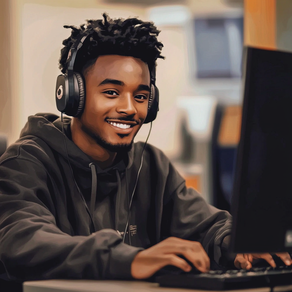 young man with short dreadlocked dark hair, wearing a dark grey hoodie with the hood down and black headphones, smiles as he uses a computer to do English listening practice.